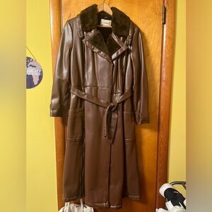 Vintage faux leather- vinyl and fur collar jacket- chocolate brown 1970s